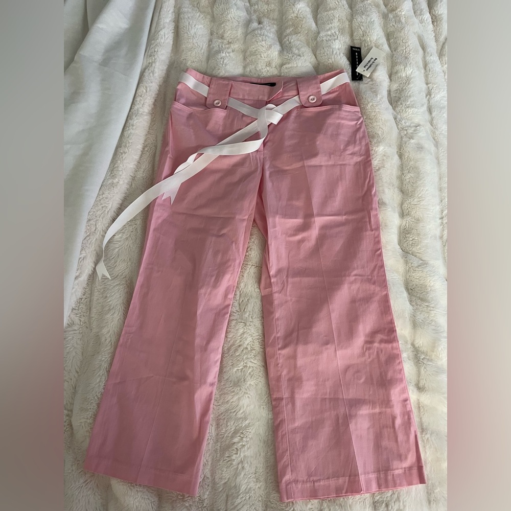 NWT Capri Pants, pink with white ribbon belt, Size 8